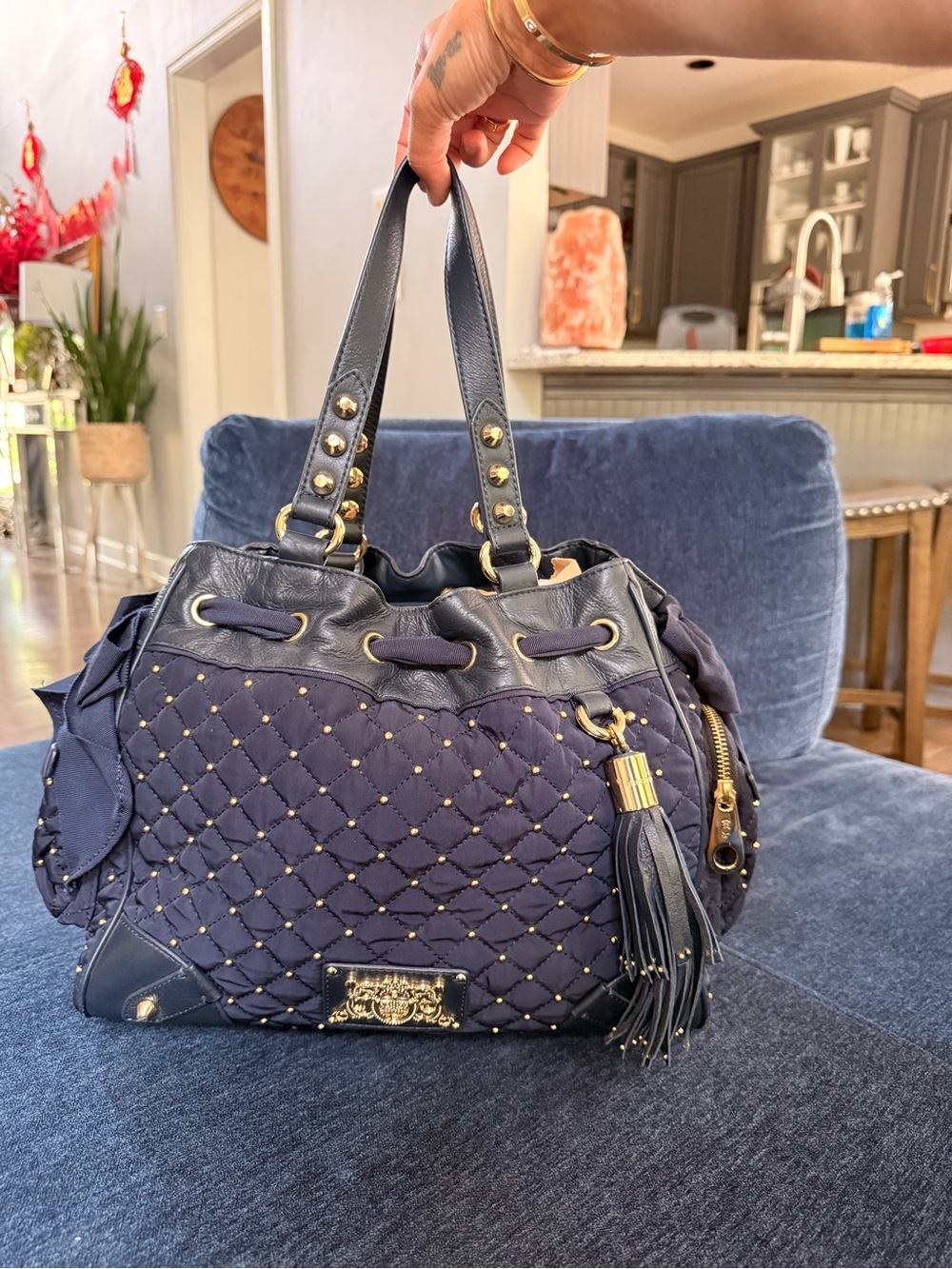 Vintage Juicy Couture Navy Quilted Shoulder Bag with Gold Accents Daydreamer
